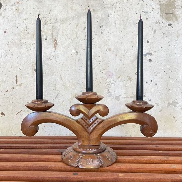 Vintage European Hand Carved Wooden Candelabra - Picture 2 of 10